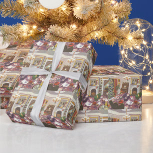Vintage Christmas Wrapping Presents in Living Room Paper