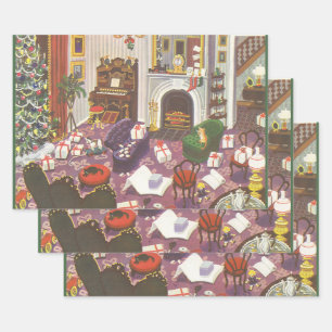 Vintage Christmas Wrapping Presents in Living Room Paper Sheet