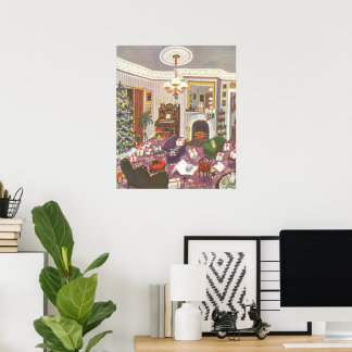 Vintage Christmas Wrapping Presents in Living Room Poster
