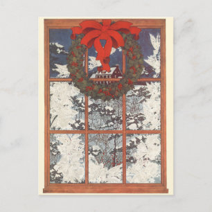 Vintage Christmas Wreath in a Window with Snow Holiday Postcard