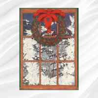 Vintage Christmas Wreath in a Window with Snow