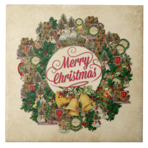 Vintage Christmas Wreath (Merry Christmas) Tile