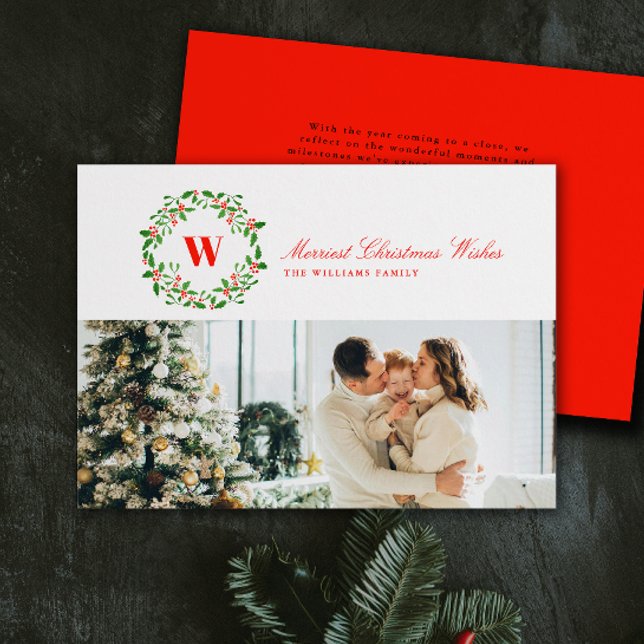 Vintage Christmas Wreath Monogram Landscape Holiday Card (red, green, and white classically elegant monogrammed holly wreath Christmas holiday one photo card)