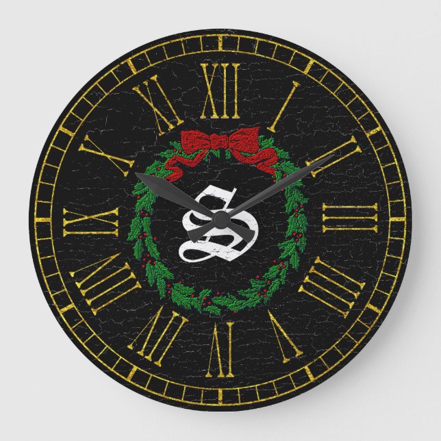 Vintage Christmas Wreath Monogram Large Clock (Front)
