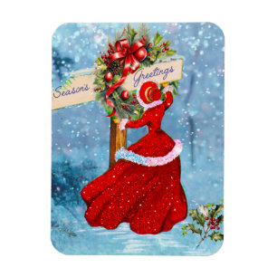 Vintage Christmas wreath red glitter girl Magnet