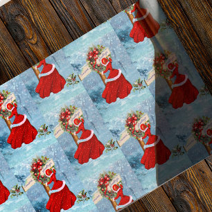 Vintage Christmas wreath red glitter girl snow Wrapping Paper