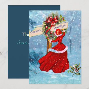 Vintage Christmas wreath red glitter girl Thank You Card