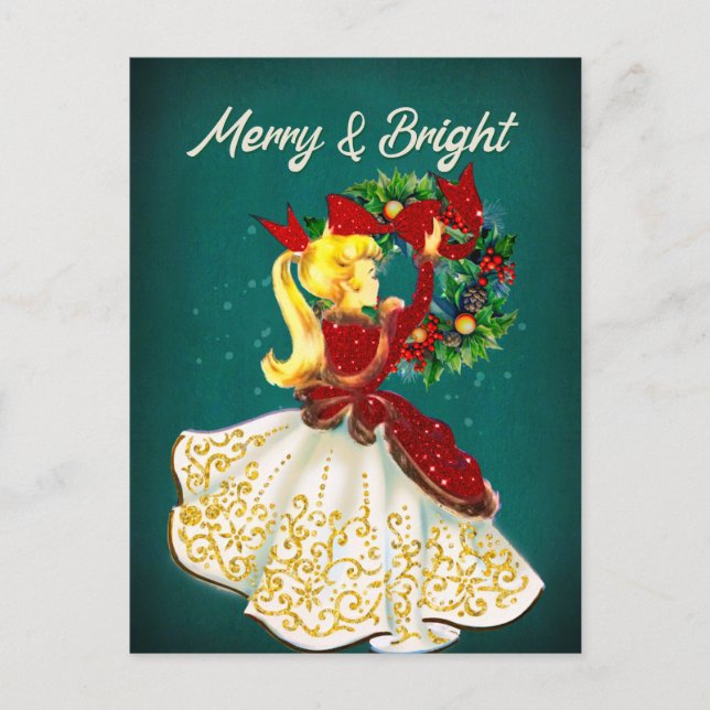 Vintage Christmas wreath red gold glitter girl  Postcard (Front)