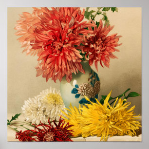Vintage Chrysanthemum Flowers CeramicVase Painting Poster