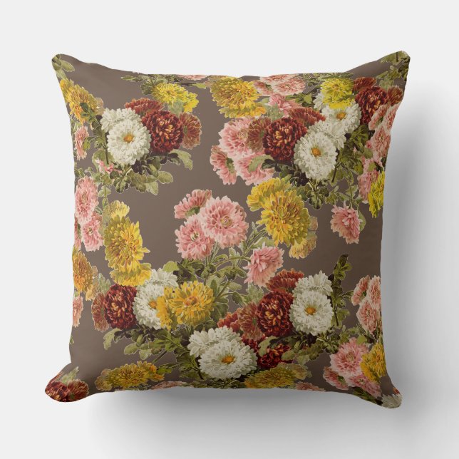 Vintage Chrysanthemum Flowers on Dark Brown Mocha Cushion (Front)