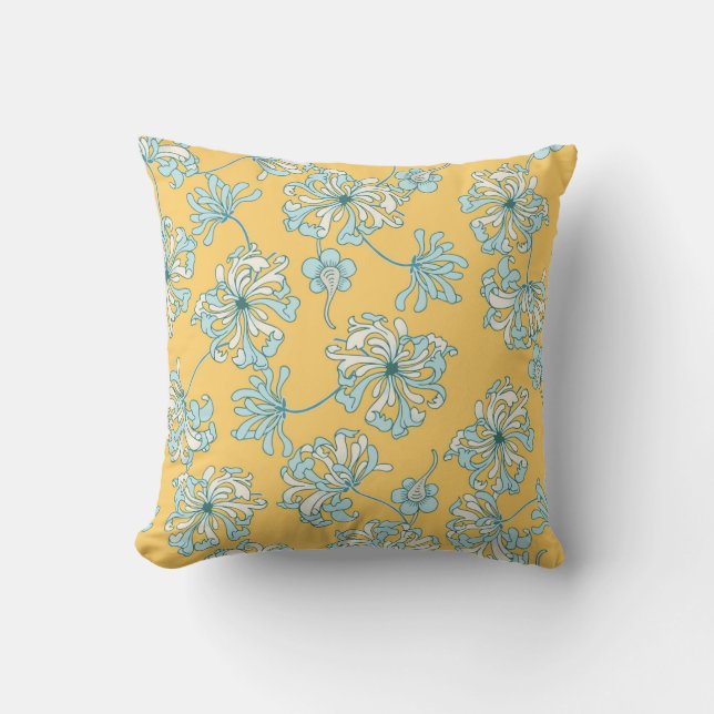 Vintage Chrysanthemum Flowers, Oriental Pattern. Cushion (Front)