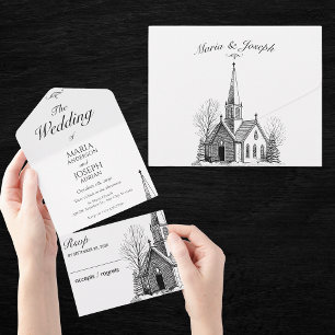 Vintage church minimalist wedding  all in one invitation