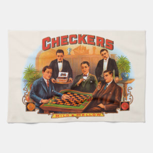 Vintage Cigar Label Art, Checkers Mild and Mellow Tea Towel