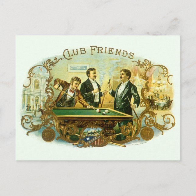Vintage Cigar Label Art, Club Friends Billiards Postcard (Front)