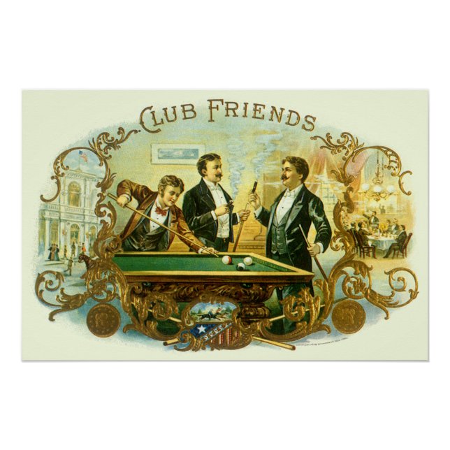 Vintage Cigar Label Art, Club Friends Billiards Poster (Front)
