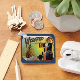 Vintage Cigar Label Art Magic Act, Wizard with Cat Key Ring