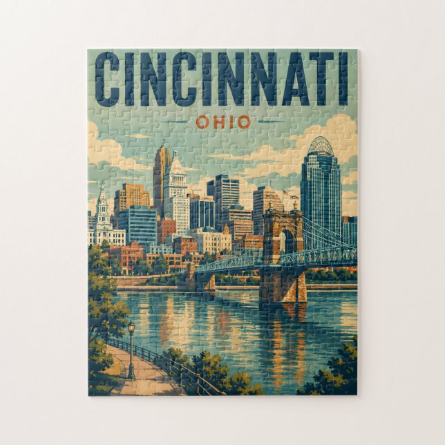 Vintage Cincinnati Ohio Skyline Jigsaw Puzzle (Vertical)