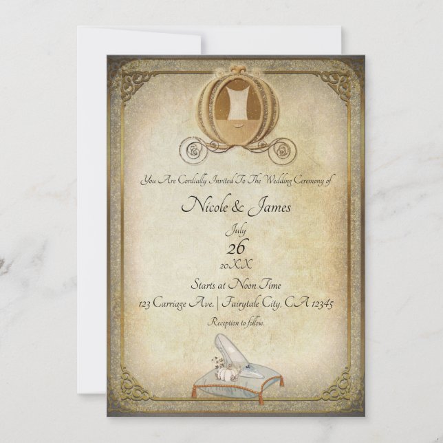 Vintage Cinderella Carriage & Slipper Wedding Invitation (Front)