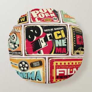 Vintage cinema tin signs collection. Movie industr Round Cushion