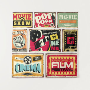 Vintage cinema tin signs collection. Movie industr Tapestry