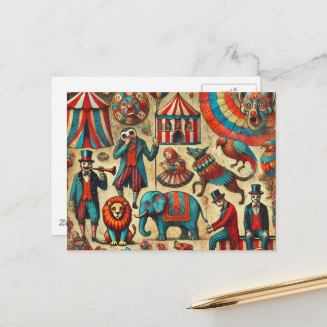 Vintage Circus Animals Collage Postcard (Front/Back In Situ)