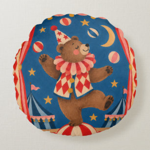 Vintage Circus Bear Balancing on Ball Whimsical Ar Round Cushion