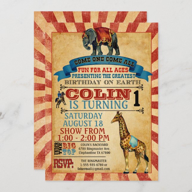 Vintage Circus Birthday Party  Invitation (Front/Back)