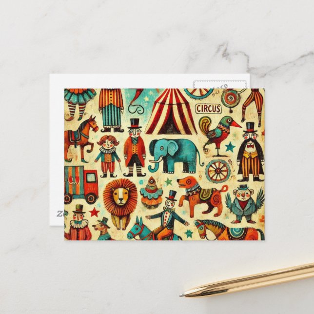Vintage Circus Collage Postcard (Front/Back In Situ)