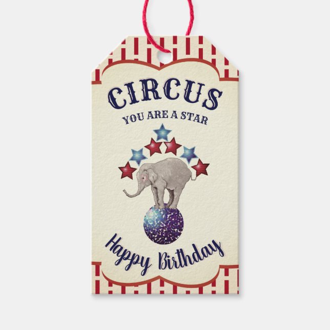 Vintage Circus Elephant Birthday Gift Tags (Front)