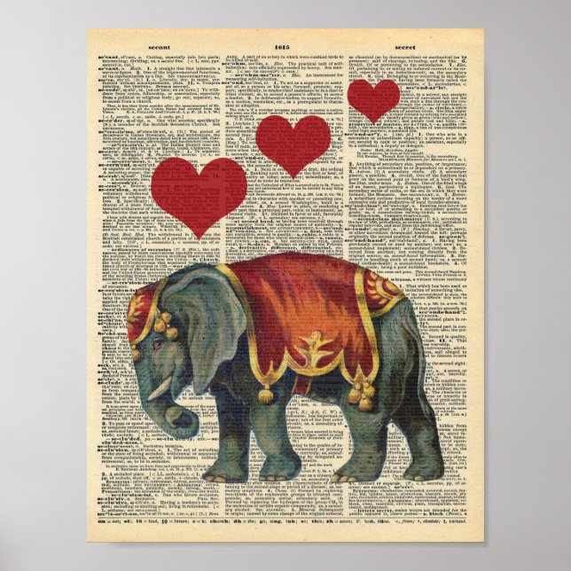Vintage Circus elephant & hearts on dictionary   Poster (Front)