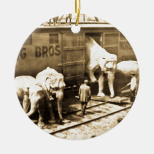 Vintage Circus Elephants Unloading from Train Car Ceramic Tree Decoration