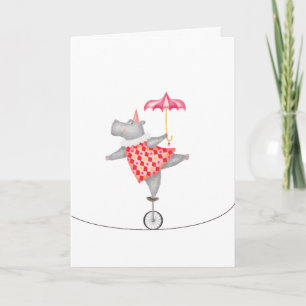 Vintage circus hippo unicycle tightrope card