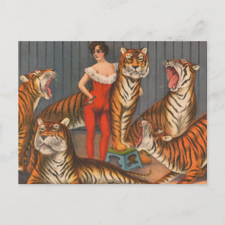 Vintage Circus Poster Of Woman With Six Tigers. Postcard