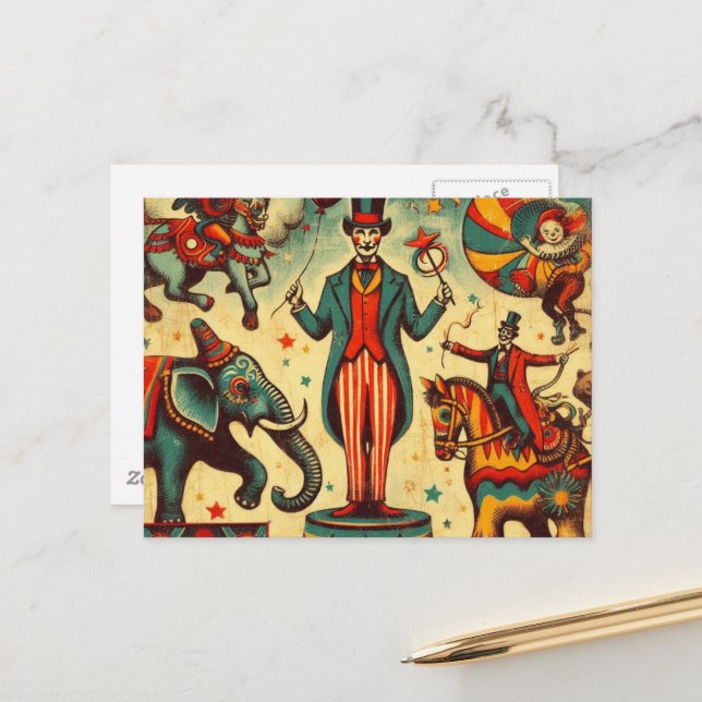 Vintage Circus Ringmaster Collage Postcard (Front/Back In Situ)