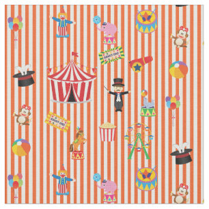 Vintage Circus Show on orange and white striped Fabric