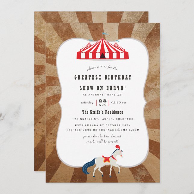 Vintage Circus Themed Birthday Party Invitation (Front/Back)