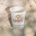 Vintage Circus Tiger Boy Birthday Party Paper Cups<br><div class="desc">Birthday party paper cups to match our Vintage Circus Animals Boy Birthday Party collection. This paper cup features a hand-painted diamond harlequin pattern and a playful illustration of a circus tiger jumping through a hoop. The birthday boy’s name appears in bold red lettering. Add a sweet touch to your birthday...</div>
