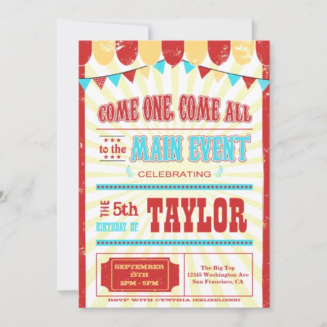 Vintage circus typography birthday party invite (Front)