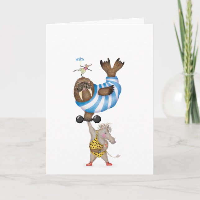 Vintage circus warthog strongman with walrus card (Front)