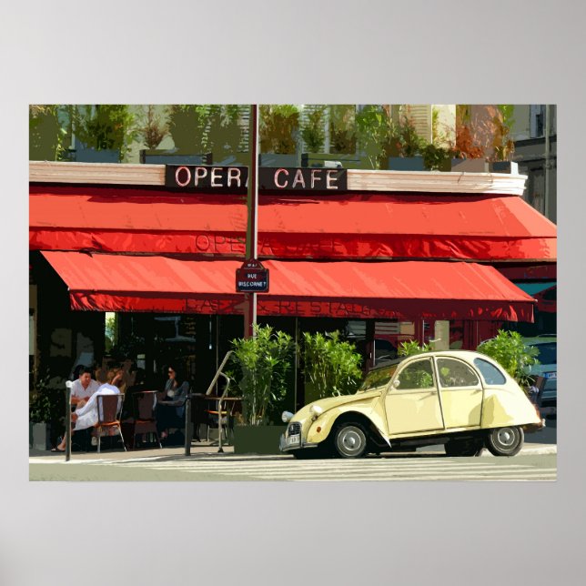 Vintage Citroën Car Outside a Paris Café Poster (Front)