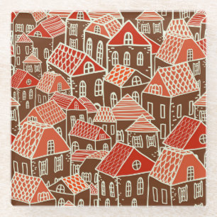 Vintage City Buildings Seamless Pattern Glass Coaster