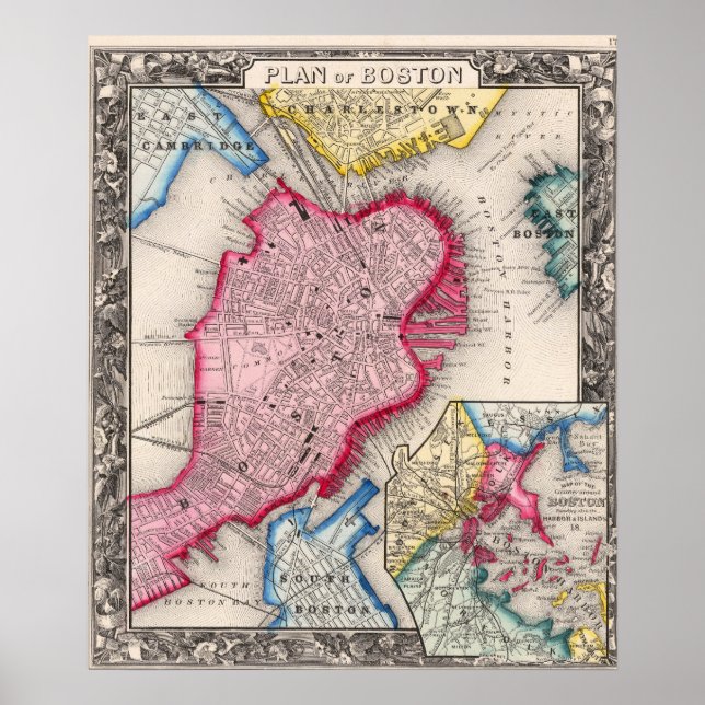 Vintage City Map of Boston 1860 Poster (Front)