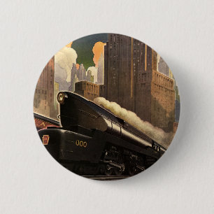 Vintage City, T1 Duplex Train on Railroad Tracks 6 Cm Round Badge