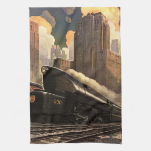 Vintage City, T1 Duplex Train on Railroad Tracks Tea Towel