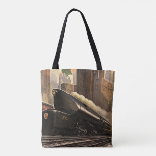 Vintage City, T1 Duplex Train on Railroad Tracks Tote Bag