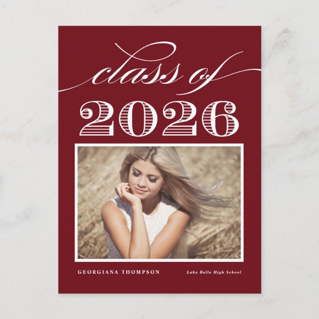 Vintage Class of 2025 Burgundy Photo Graduation Postcard (Front)