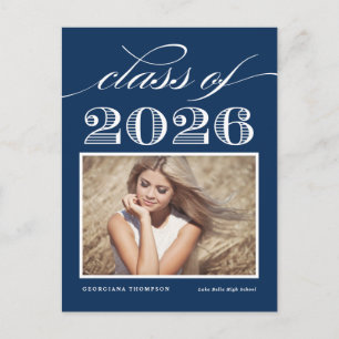 Vintage Class of 2026 Navy Blue Photo Graduation Postcard