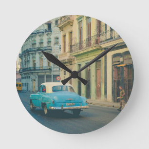 Vintage Classic Car Havana Cuba Street Photography Round Clock