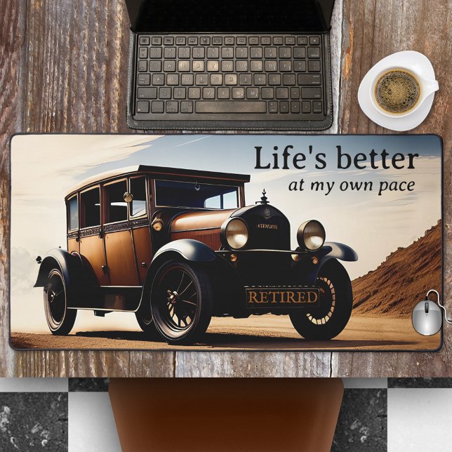 Vintage Classic Car Retirement Desk Mat (Desk mat featuring a classic vintage car design with a retirement theme)