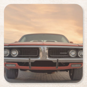 Vintage Classic Car Sunset View Square Paper Coaster